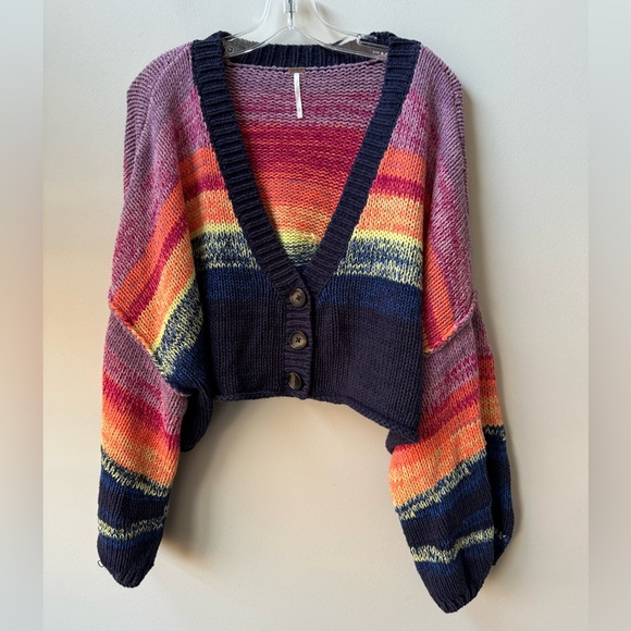 Free People Cropped Colorful Slouchy Cardigan, Rainbow - Picture 2 of 6